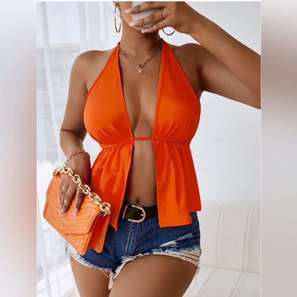 SHEIN SXY Slit Front Backless Knot Halter Beach Top Size S Small Bright Orange